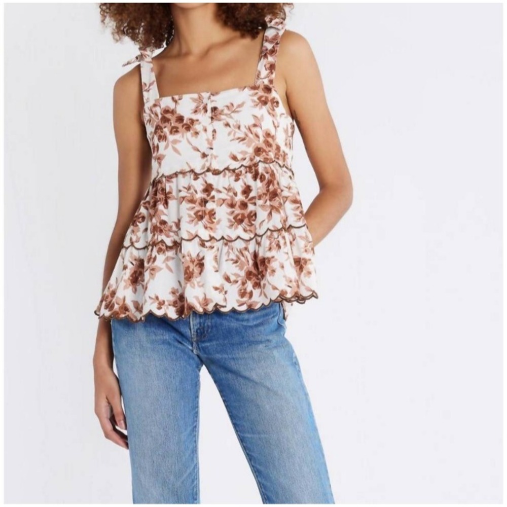 Mille NWT Delphine‎ Cafe Bouqu Tie Shoulder Tiered Cotton Top Brown Roses SZ XS